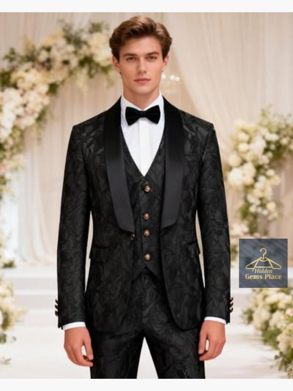 3-Piece Floral Jacquard Slim Fit Suit Set for Wedding Prom Tuxedo - Picture 4 of 7